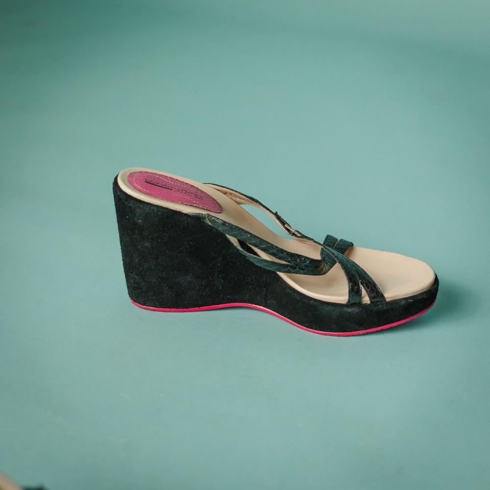 Donald J Pliner 9.5 Black Pink Suede Wedge Sandals - Picture 3 of 6
